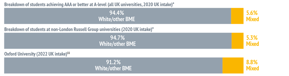 Bar chart showing: Breakdown of students achieving AAA or better at A-level (all UK universities, 2020 UK intake)* - 94.4% White/other BME and 5.6% Mixed. Breakdown of students at non-London Russell Group universities (2020 UK intake)* - 94.7% White/other