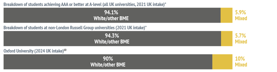 Bar chart showing: Breakdown of students achieving AAA or better at A-level (all UK universities, 2021 UK intake)* - 94.1% White/other BME and 5.9% Mixed. Breakdown of students at non-London Russell Group universities (2021 UK intake)* - 94.3% White/other