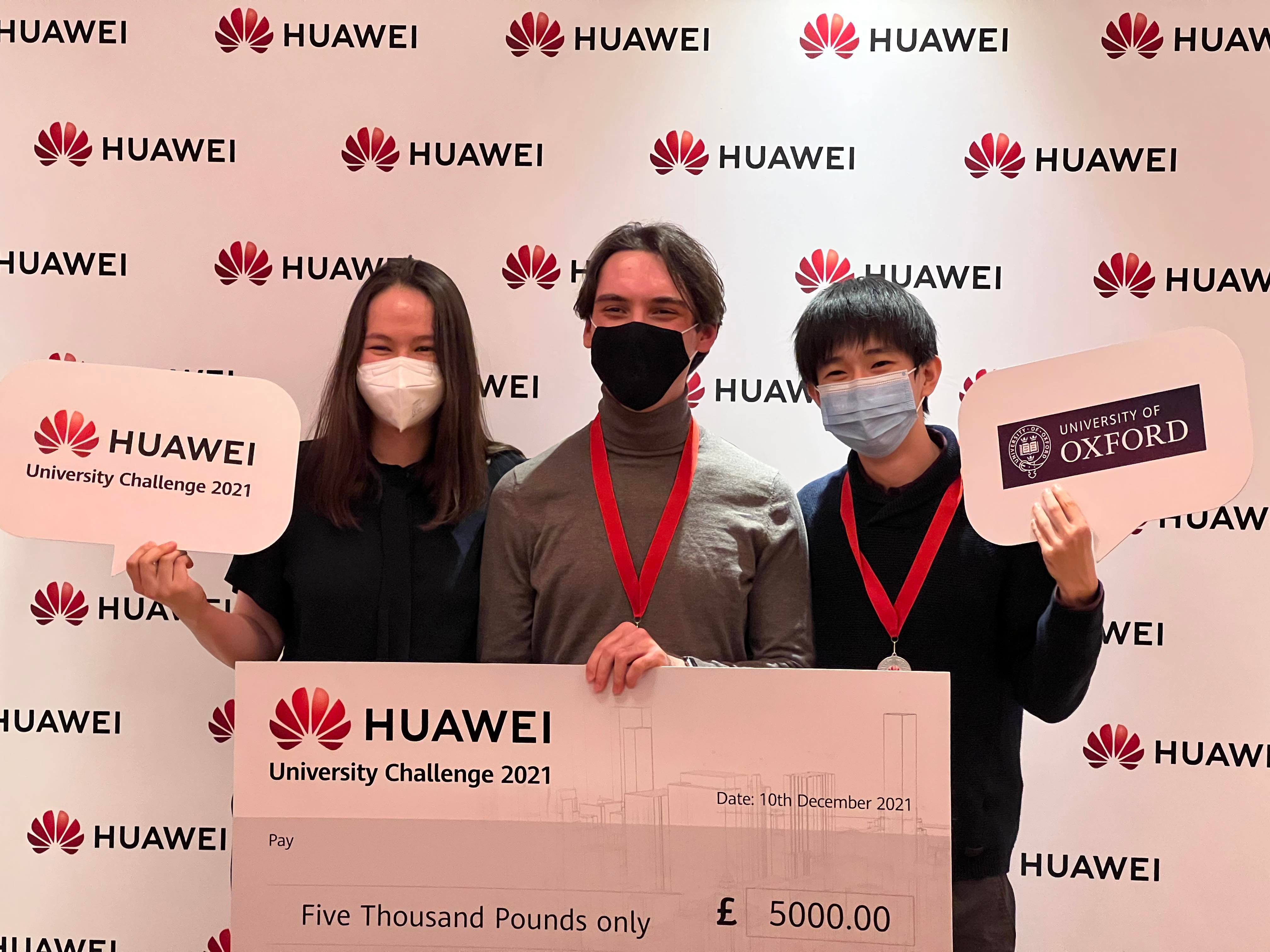 Three Oxford students winning 2nd place at the Huawei Hackathon