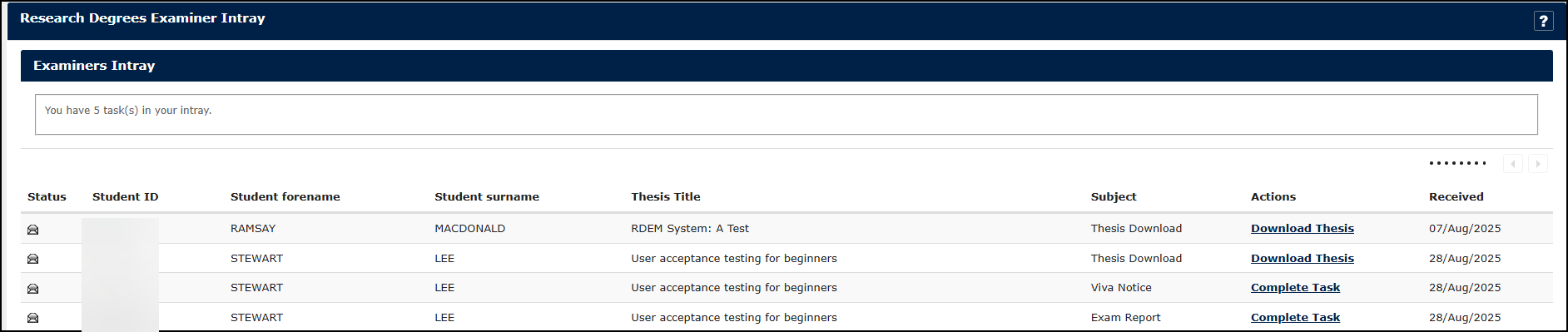 A view of the Examiner Portal showing the basic interface
