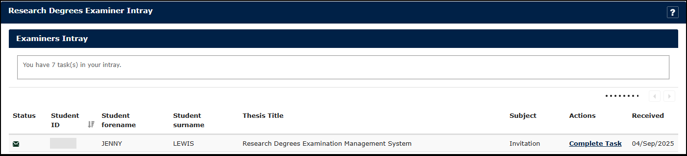 A view of the Examiner Portal showing the Invitation task