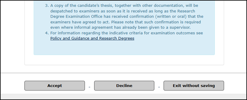 A view of the Examiner Portal showing the available responses to the Invitation task