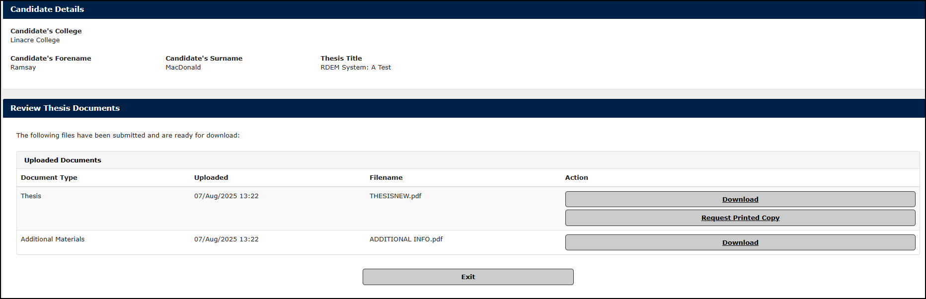 A view of the Examiner Portal showing the thesis download task