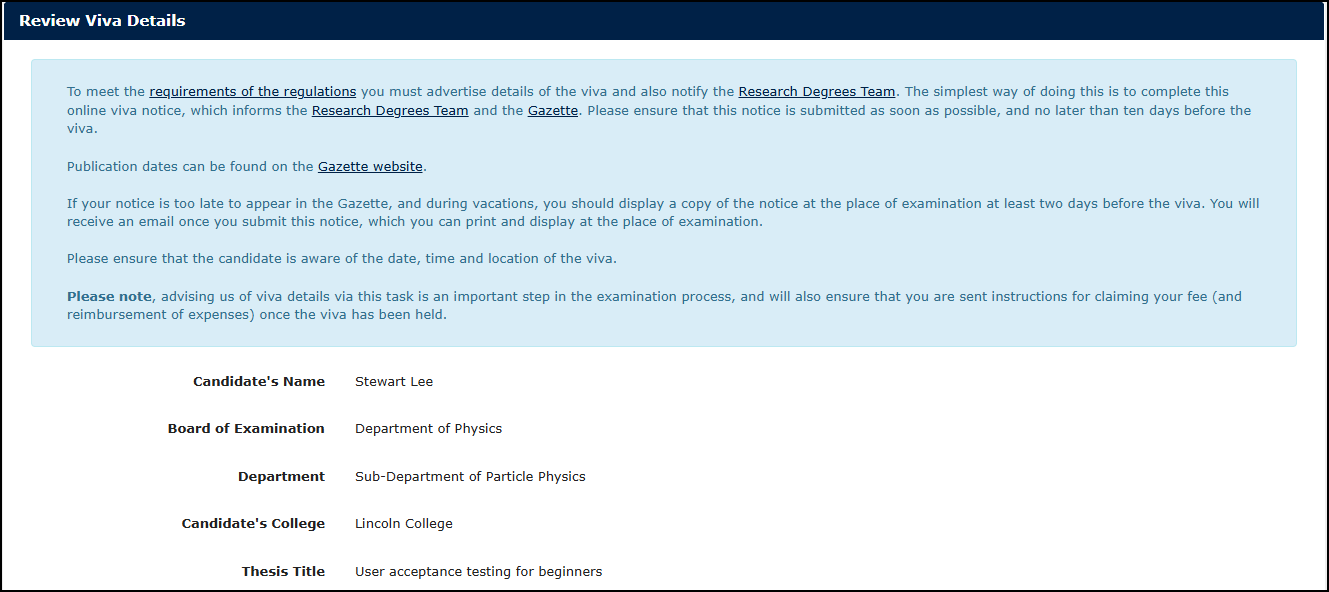 A view of the Examiner Portal showing the viva notice task
