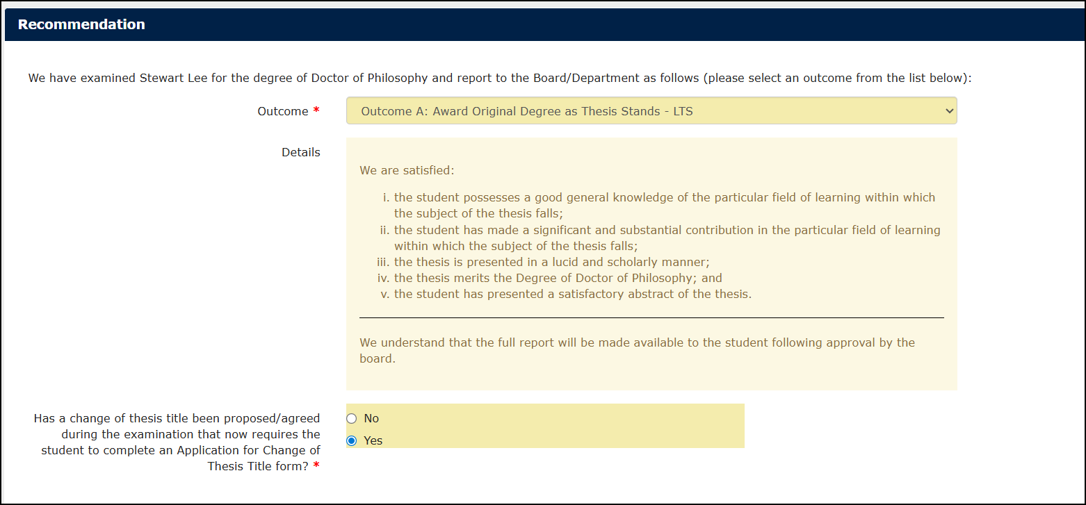 A view of the Examiner Portal showing the viva notice task