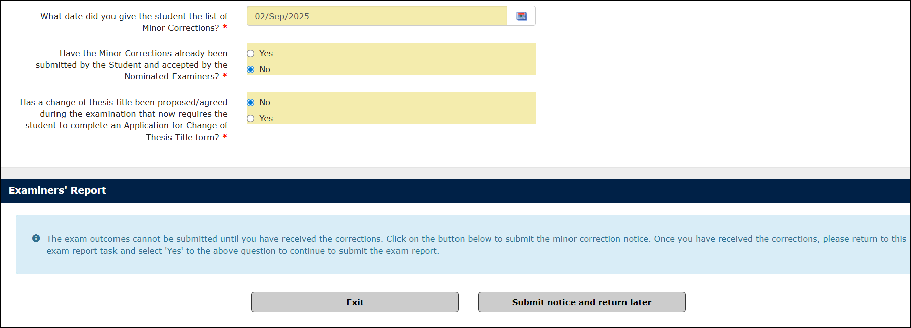 A view of the Examiner Portal showing the examiner report task