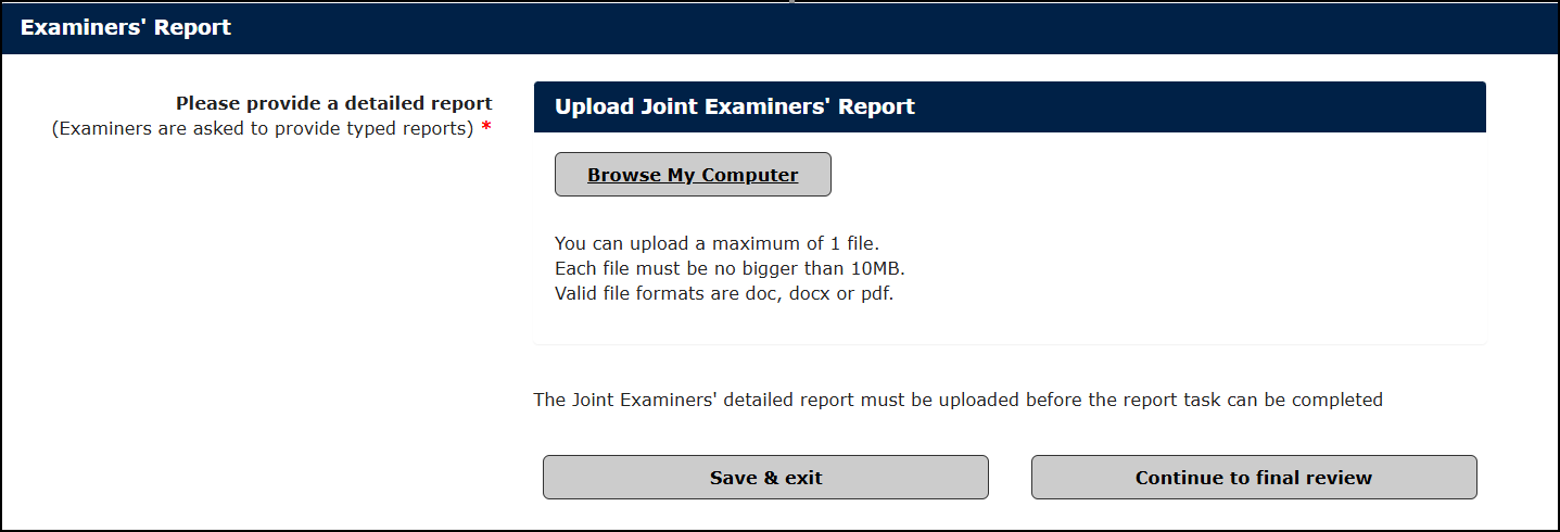 A view of the Examiner Portal showing the examiner report task
