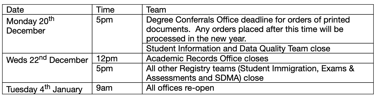Student registry opening times