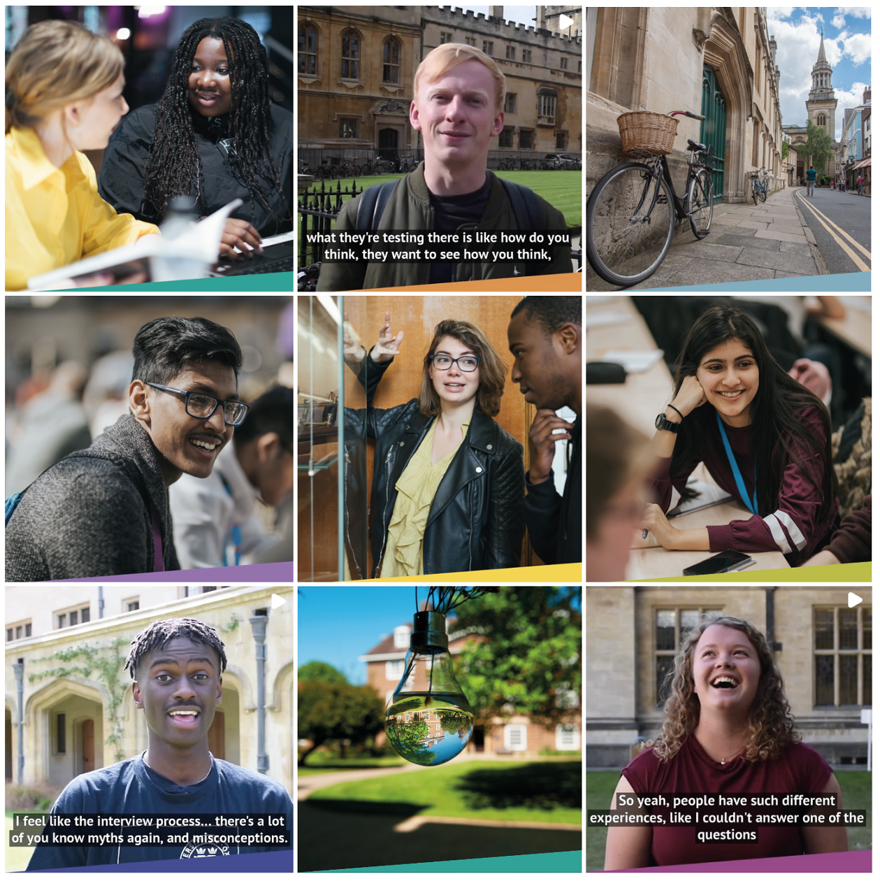 A 3x3 instagram grid showing a variety of different students and Oxford locations