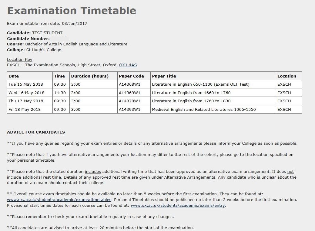 Online examination timetable
