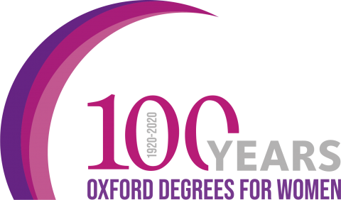 Purple and grey logo with text 100 year - Oxford degrees for women
