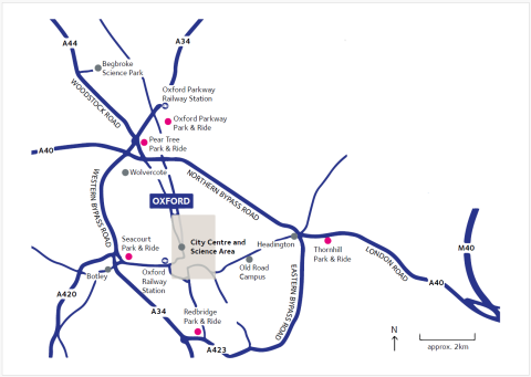 Map of Oxford ring road with Park&Ride stations
