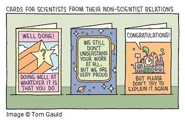 A cartoon of greetings cards for scientists from their non-scientist friends, saying such things as "We still don't understand your work at all, but we are very proud"