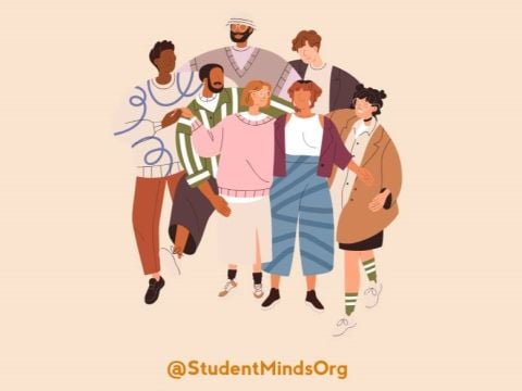 Illustration of a diverse group of students standing together with arms linked. @StudentMindsOrg appears below.