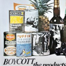 Anti-Apartheid Movement poster asking shoppers to boycott South African goods. The poster was first produced in 1978 and incorporates images of the shootings of school students in Soweto in 1976. 