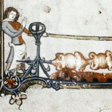 Illustration from Romance of Alexander, a sumptuous book of the Middle Ages, shows chickens roasting on a spit.