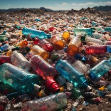 A beach covered in discarded plastic bottles.