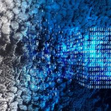 Artistic image showing an aerial view of cloud formations, with binary computing digits overlaid on top.