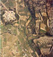 An aerial view of the palace at Knossos