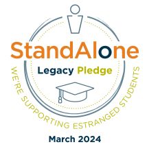 The Stand Alone Legacy Pledge logo, which reads: Stand Alone Legacy Pledge: We're supporting estranged students - March 2024