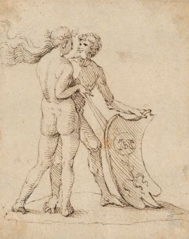 The nude couple with the coat of arms of Willibald Pirckheimer, about 1505-6, Albrecht Dürer, pen in brown ink on laid paper.