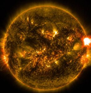 The sun emits a solar flare. Such activity increases radioactivity in the atmosphere and this change is detected in tree-rings.