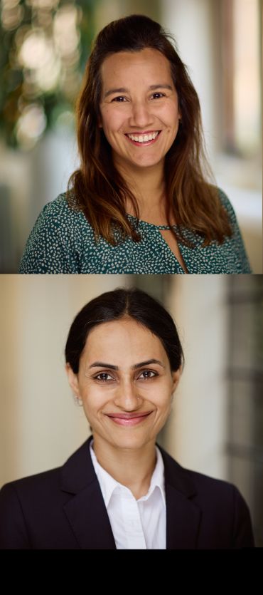 Portrait photographs of Nicole Miranda and Radhika Khosla. Both are middle-aged women, facing the camera and smiling.