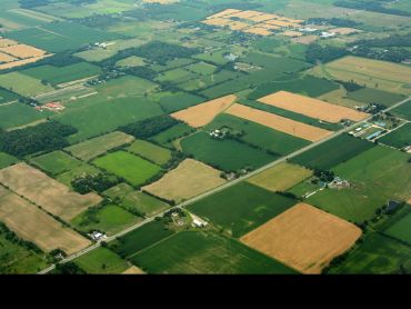 An aerial photograph of square fields of farmland, punctuated by isolated buildings and trees. 