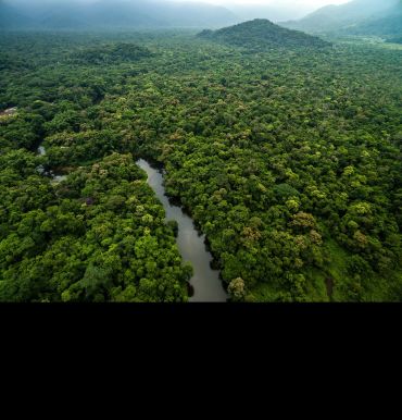 An aerial view of a Rainforest in Brazil. A river is visible in the foreground. In the background, hills covered in trees rise against the horizon.
