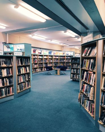 bookshelves inside a library