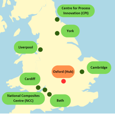 A UK map with the following locations highlighted: Oxford, Cambridge, York, Liverpool, Bath, Cardiff, the National Composites Centre and the Centre for Process Innovation. 