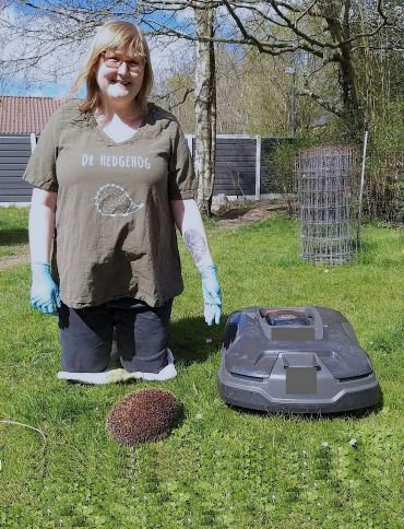 A woman with shoulder length blond hair wearing a T shirt saying Dr Hedgehog kneels on a lawn. In front of her is a hedgehog and to her left a robotic lawn mower.