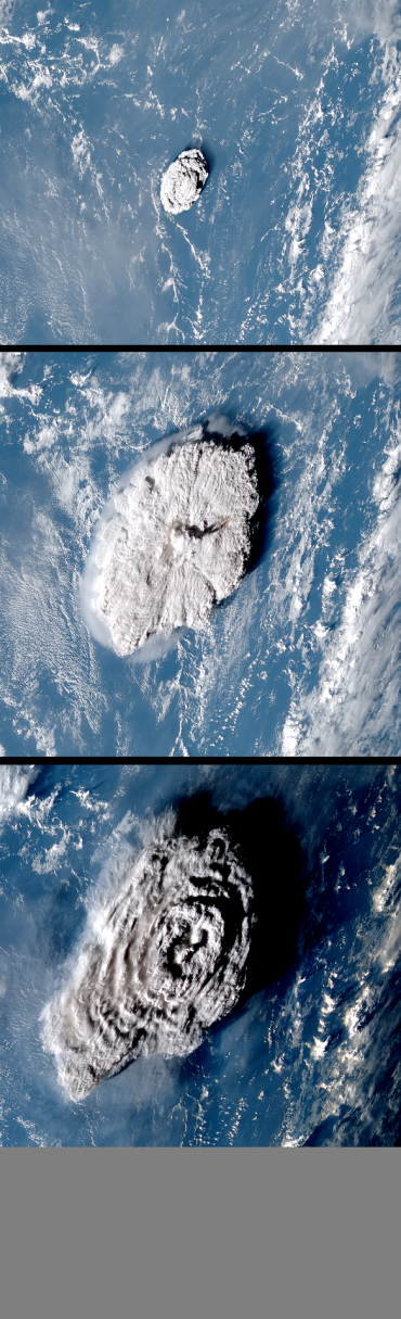 The Hunga Tonga–Hunga Haʻapai eruption as seen by Japan's Himawari-8 satellite on 15 January 2022. Images show minutes into the eruption); 45 minutes into the eruption; and 1 hour 35 minutes into the eruption.