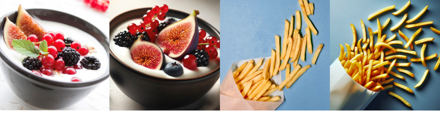 A real then AI-generated image of a creamy white yogurt topped with vibrant, fresh fruits. A real then AI-generated image of French fries spilling out from a white paper bag.