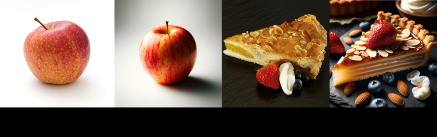 Реальное изображение яблока, созданное искусственным интеллектом.  Реалистичное изображение куска яблочного пирога с миндальными хлопьями, созданное искусственным интеллектом.