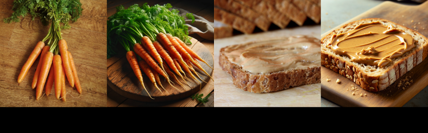 A real then AI-generated image of a bunch of fresh carrots with the greens still attached, lying on a wooden cutting board. A real then AI-generated image of a slice of whole grain bread spread with creamy peanut butter on a wooden cutting board.
