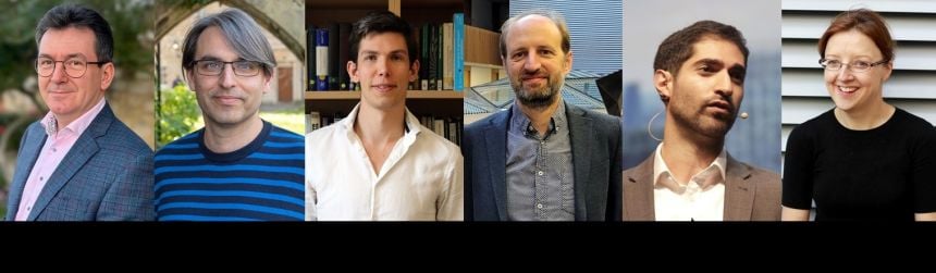 Portrait photographs of Dr Robert Leese, Professor Jason Lotay, Professor James Maynard, Professor Christoph Reisinger, Zubin Siganporia, Professor Sarah Waters.