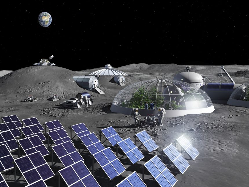 Artistic image showing an array of solar panels on the surface of the moon, next to several astronauts and a dome-shaped greenhouse containing plants.