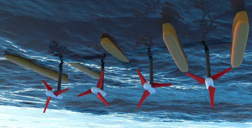 An artistic image of tidal turbines hanging downwards into the water, suspended from floats. 