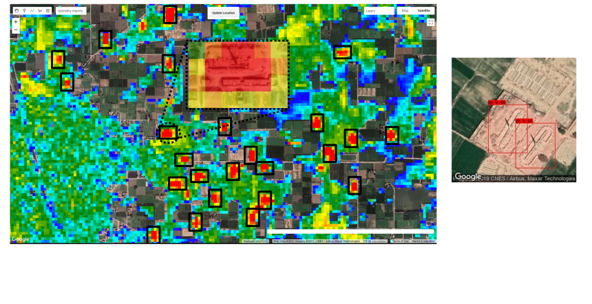An illustration of the two-stage model used by the researchers. This shows potential brick kiln sites being highlighted by red pixels in the first stage, then mapped at high resolution in the second stage using a deep-learning algorithm. 