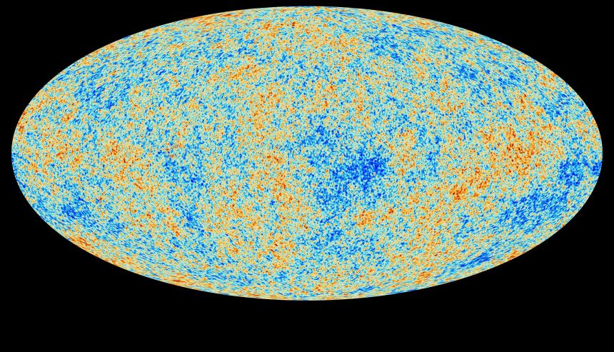 A heatmap-style image of the Cosmic Microwave Background. Temperature differences are shown as patches and squiggles in different colours. Image credit: ESA/Planck Collaboration.