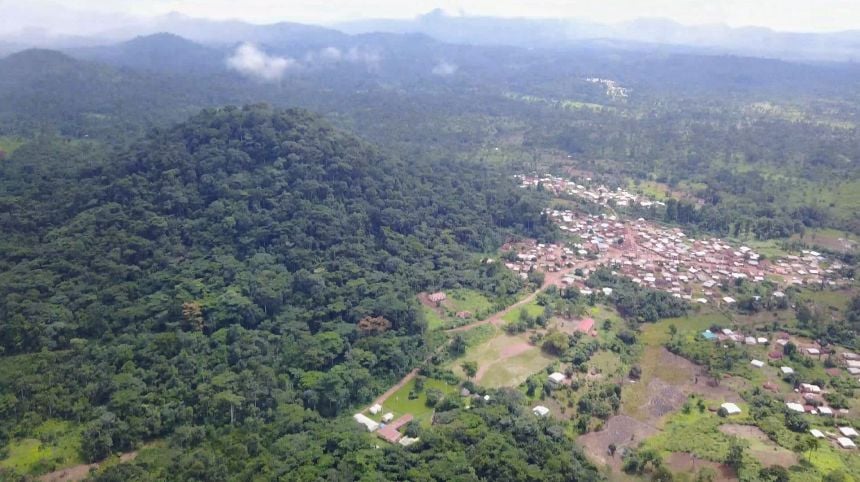 Drone view of the chimpanzee habitat at Bossou. The original outdoor laboratory (called "Bureau") is located at the top of the hill.