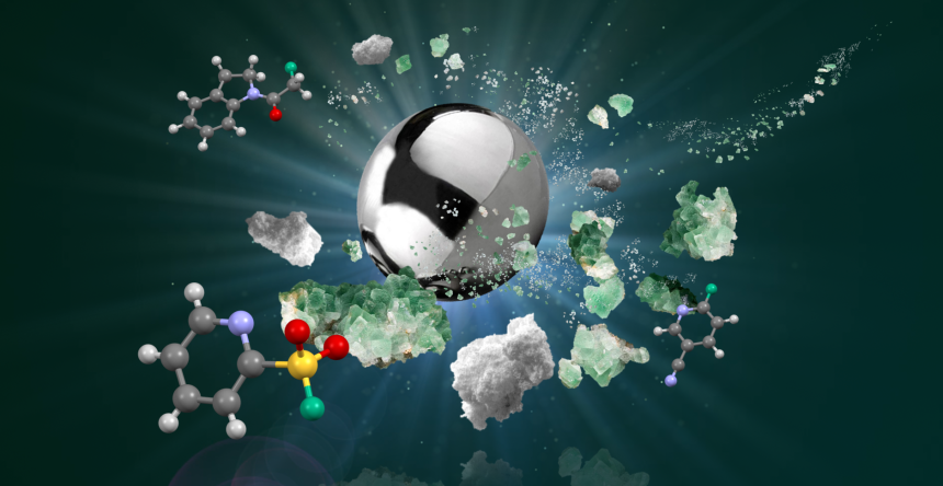 An artistic image showing a large ball smashing into irregular shaped crystals, with molecules erupting from the collision. Image credit: Calum Patel.