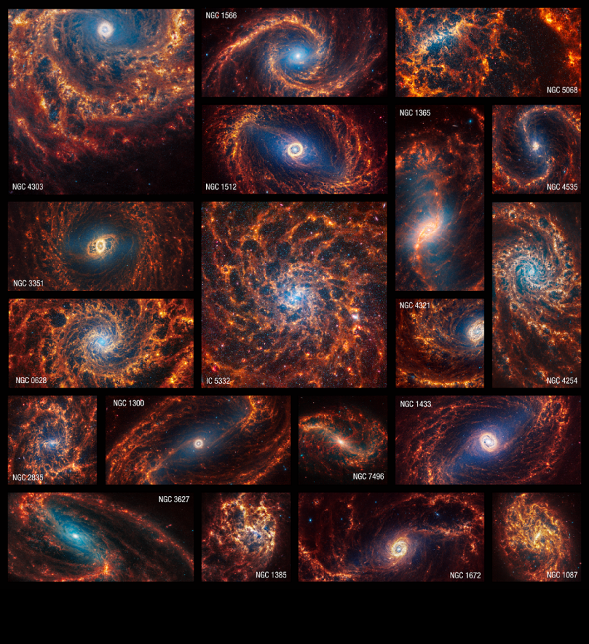 The new suite of images from the James Webb Space Telescope. Each shows a galaxy with a spherical core, encircled by spiral filamentous arms.