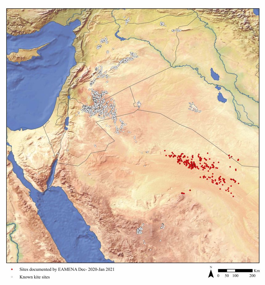 Distribution of kite structures in the Levant and in northern Arabia. White: previously documented kites. Red: kites recorded by EAMENA.