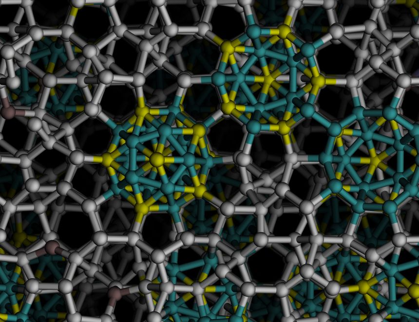A close-up of a cut through one of the icoshedral quasicrystals grown in our computational experiments viewed along a five-fold axis of symmetry.
