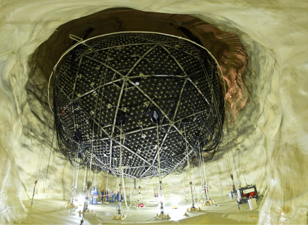 A giant suspended dome structure, within an underground chamber.
