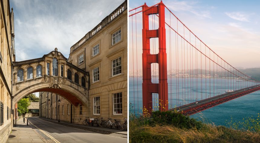 The Bridge of Sighs in Oxford and the Golden Gate Bridge in San Francisco