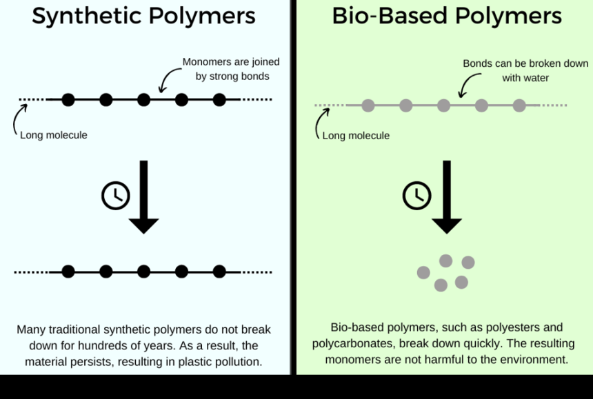 Schematic showing that the strong bonds between petrochemically-derived polymers do not allow them to break down whilst with bio-based polymers, the bonds between the monomers can be broken down using water.