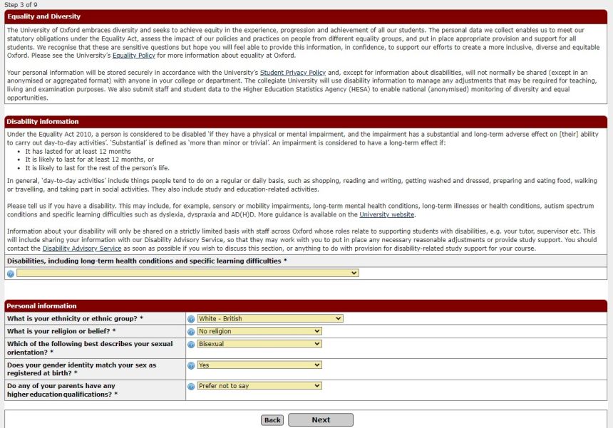 Screenshot of the Equality and Diversity information page